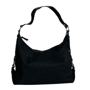 TOMMY HILFIGER Womens Black Fabric Monogram Logo Shoulder Hobo Tote Handbag Bag.